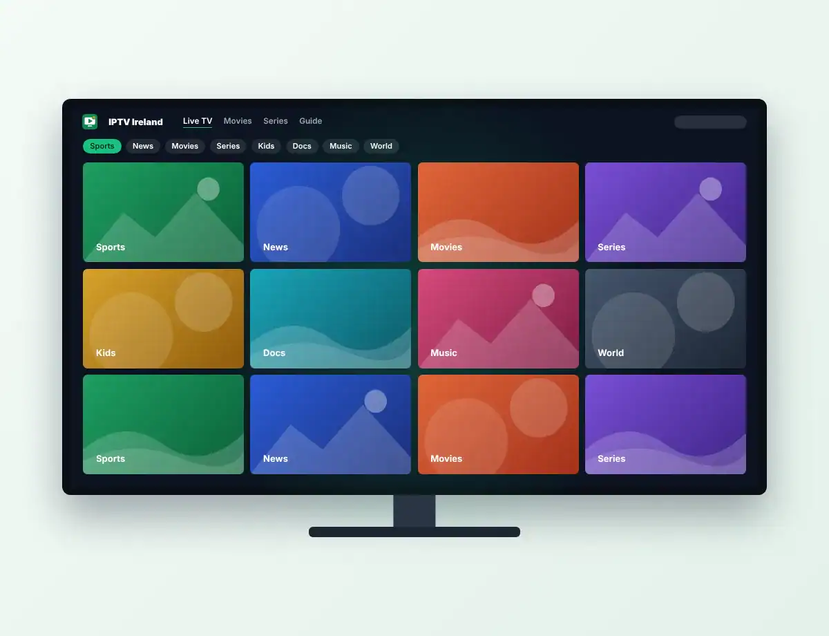 TV screen showing a grid of live channel categories and on-demand titles