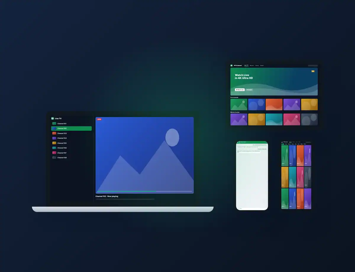 Laptop, tablet and smartphones all running the IPTV Ireland app