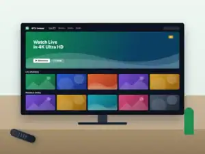 Smart TV in a living room showing the IPTV Ireland home screen with live channels and 4K content