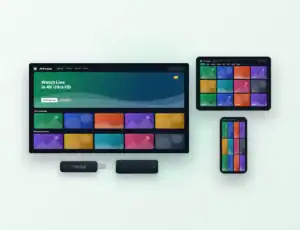 Smart TV, streaming stick, Android TV box, tablet and smartphone displaying the same IPTV subscription interface