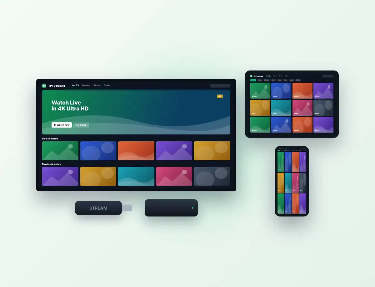 Smart TV, streaming stick, Android TV box, tablet and smartphone displaying the same IPTV subscription interface