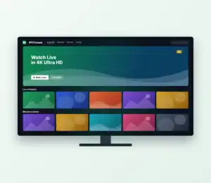 Smart TV displaying the IPTV Ireland home screen with live channels and a movies and series row