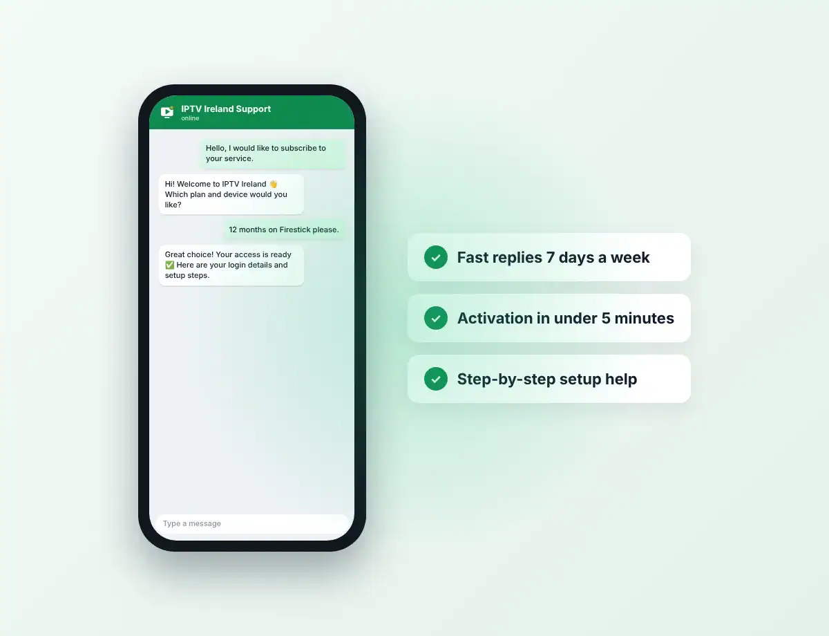 Smartphone showing a chat with the IPTV Ireland support team next to three support benefits