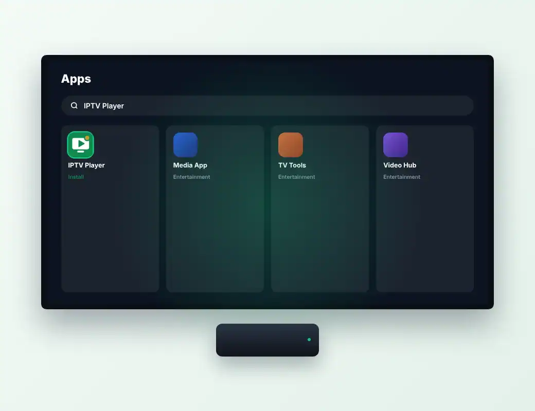 Android TV app store search results with the IPTV player app highlighted, and an Android TV box