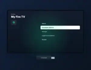 TV settings screen with My Fire TV open and Developer Options highlighted, next to a streaming stick