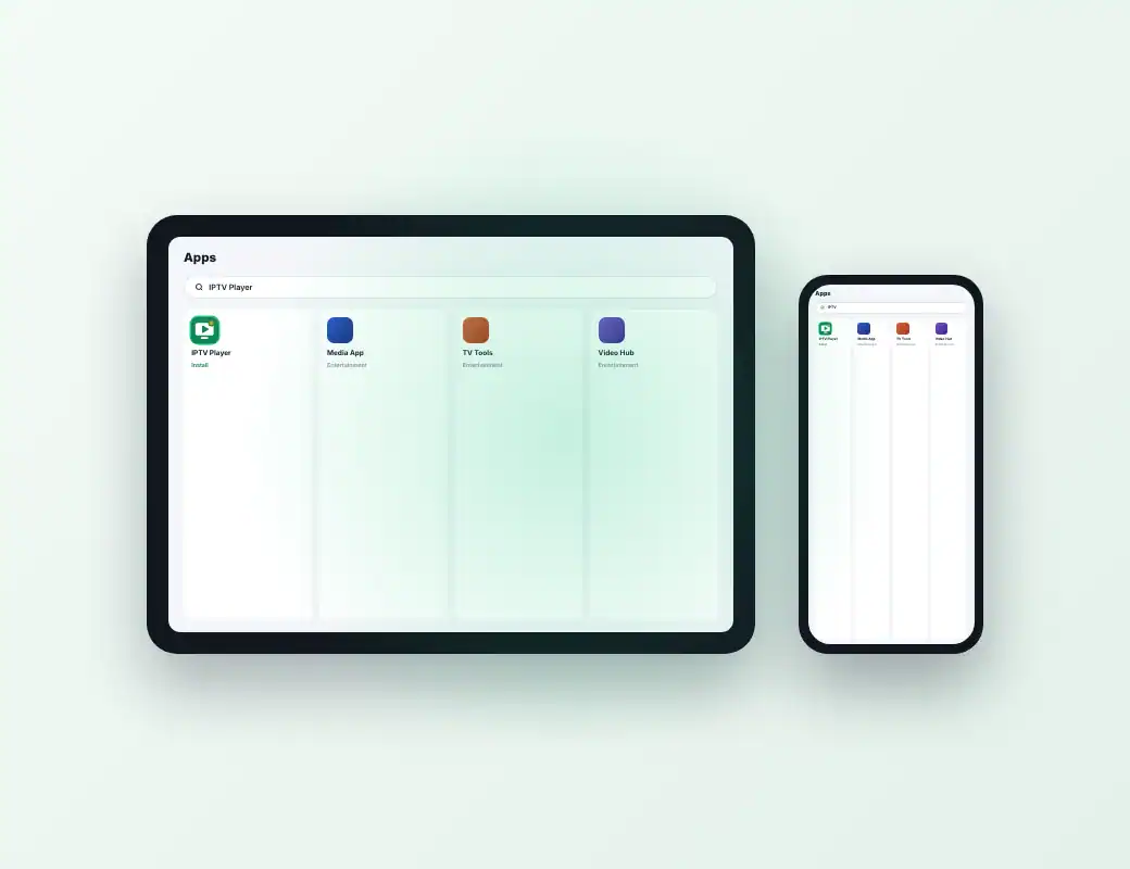 iPad and iPhone showing an app store search with an IPTV player app