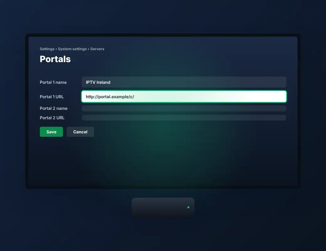 MAG box settings screen showing the Portals menu with a portal URL field