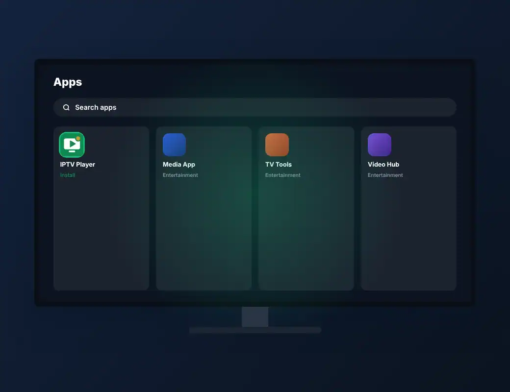 Smart TV apps screen with a search bar and an IPTV player app ready to install